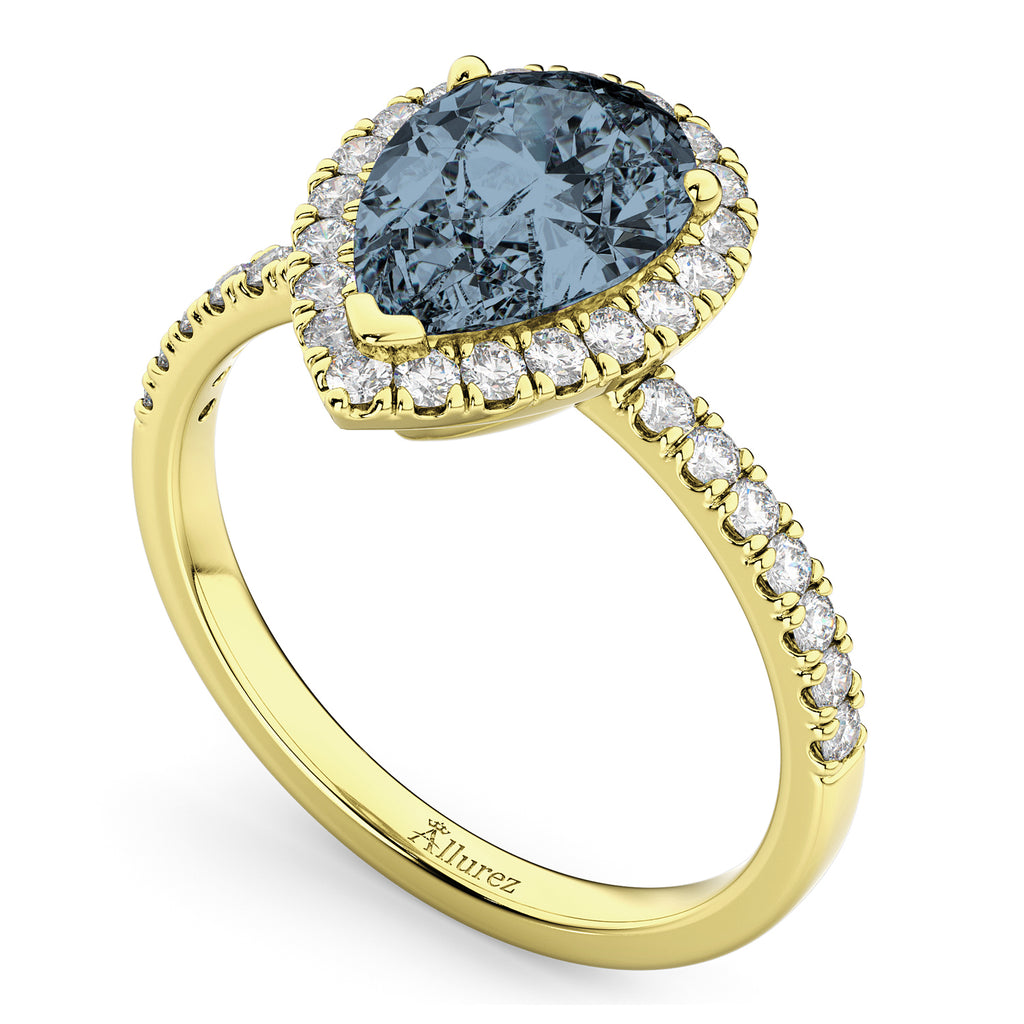 Pear Cut Halo Gray Spinel & Diamond Engagement Ring 14K Yellow Gold 2.21ct
