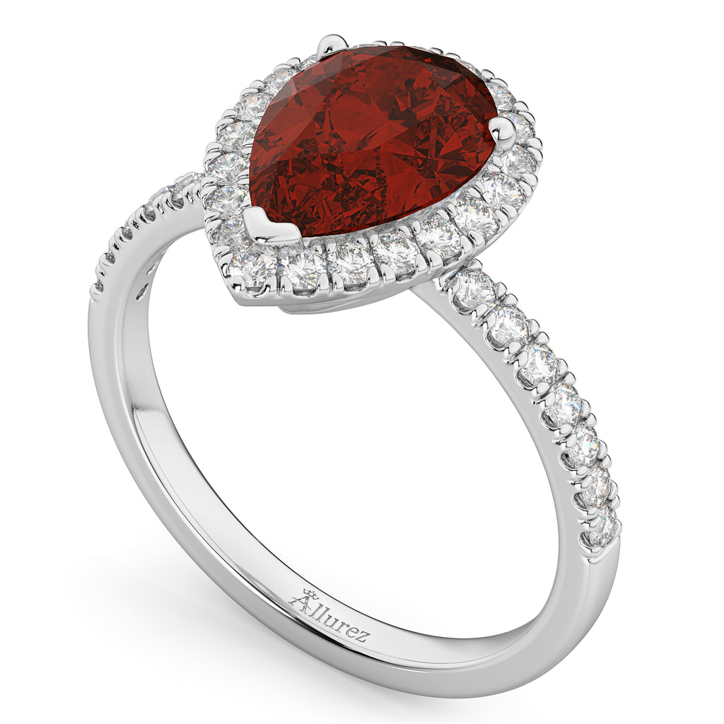 Pear Cut Halo Garnet & Diamond Engagement Ring 14K White Gold 2.31ct