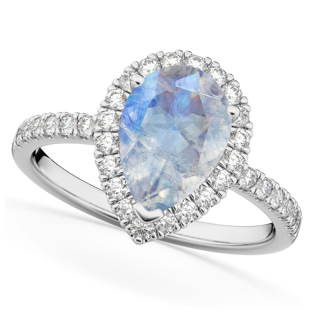 Pear Cut Halo Moonstone & Diamond Engagement Ring 14K White Gold 2.51ct