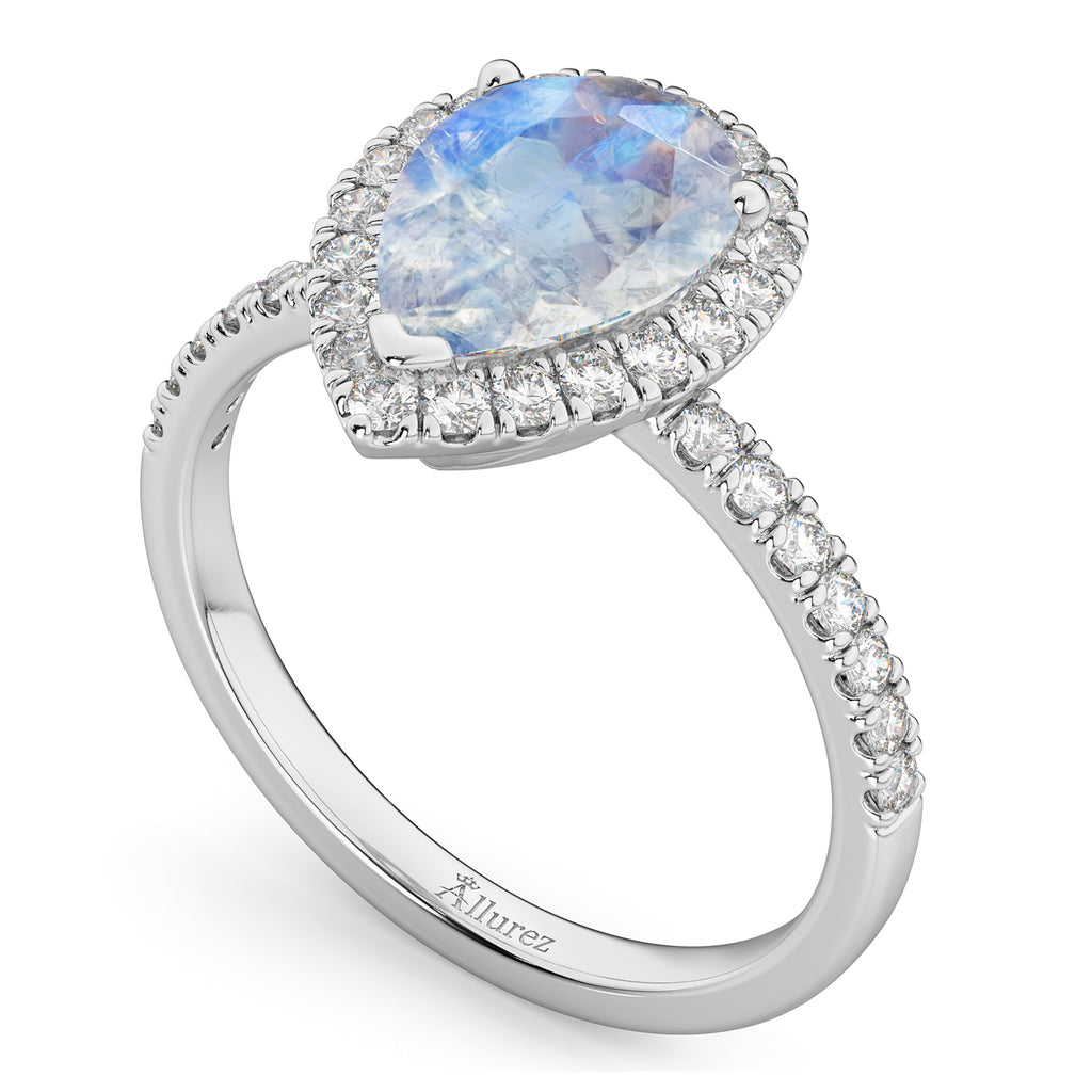 Pear Cut Halo Moonstone & Diamond Engagement Ring 14K White Gold 2.51ct