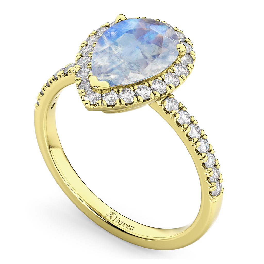Pear Cut Halo Moonstone & Diamond Engagement Ring 14K Yellow Gold 2.51ct