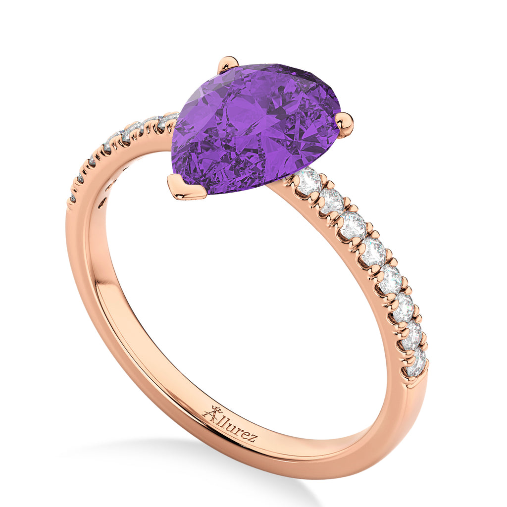 Pear Cut Amethyst & Diamond Engagement Ring 14K Rose Gold 1.91ct