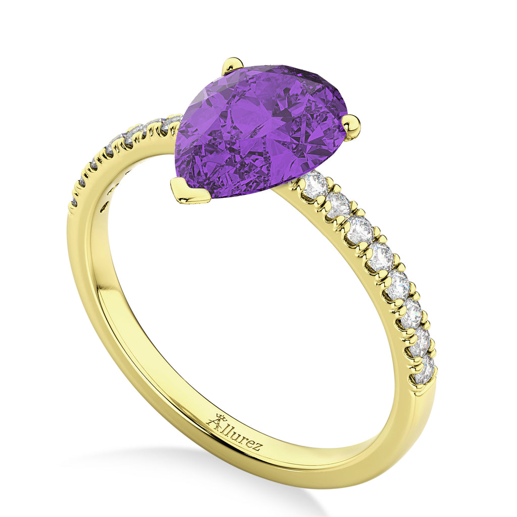 Pear Cut Amethyst & Diamond Engagement Ring 14K Yellow Gold 1.91ct