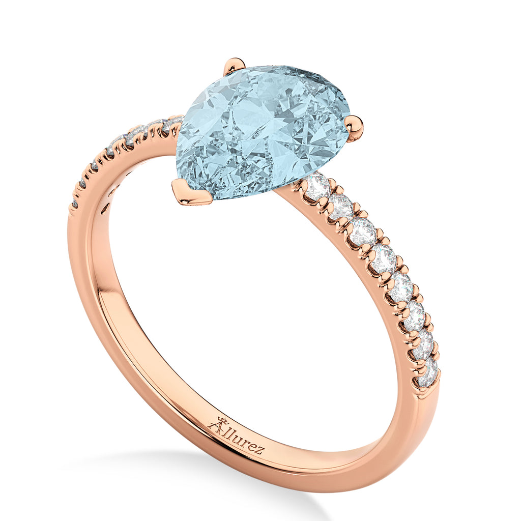 Pear Cut Aquamarine & Diamond Engagement Ring 14K Rose Gold 2.06ct