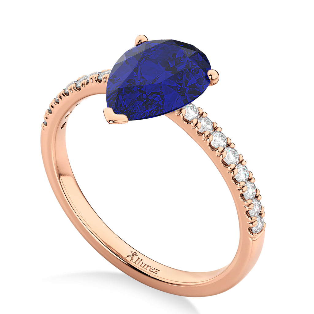 Pear Cut Blue Sapphire & Diamond Engagement Ring 14K Rose Gold 2.71ct