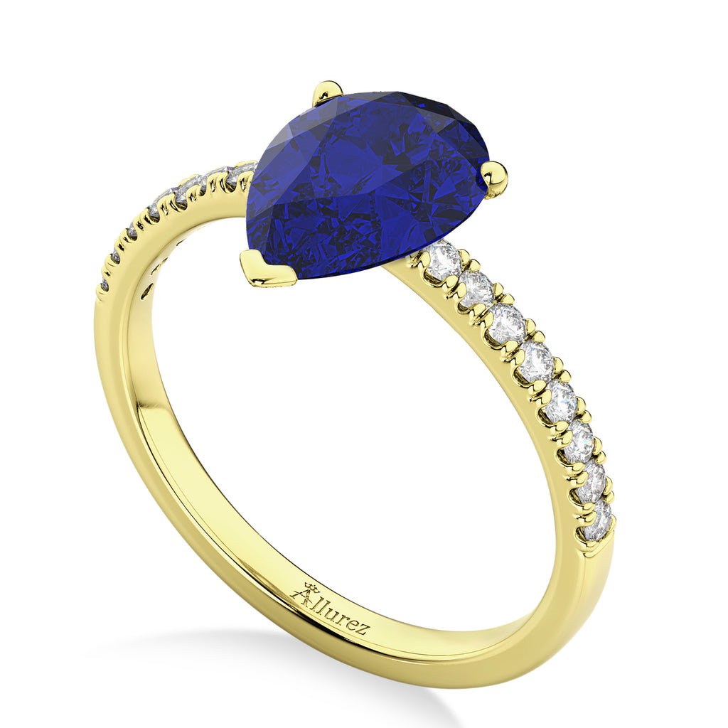 Pear Cut Blue Sapphire & Diamond Engagement Ring 14K Yellow Gold 2.71ct