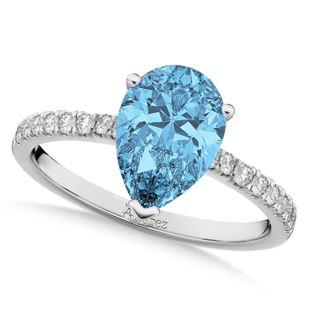 Pear Cut Blue Topaz & Diamond Engagement Ring 14K White Gold 1.61ct