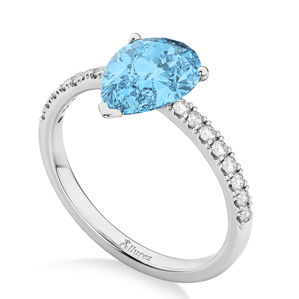 Pear Cut Blue Topaz & Diamond Engagement Ring 14K White Gold 1.61ct