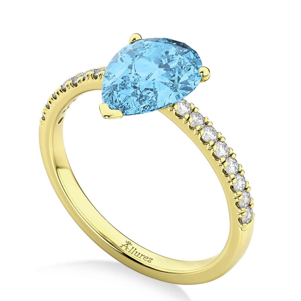 Pear Cut Blue Topaz & Diamond Engagement Ring 14K Yellow Gold 1.61ct