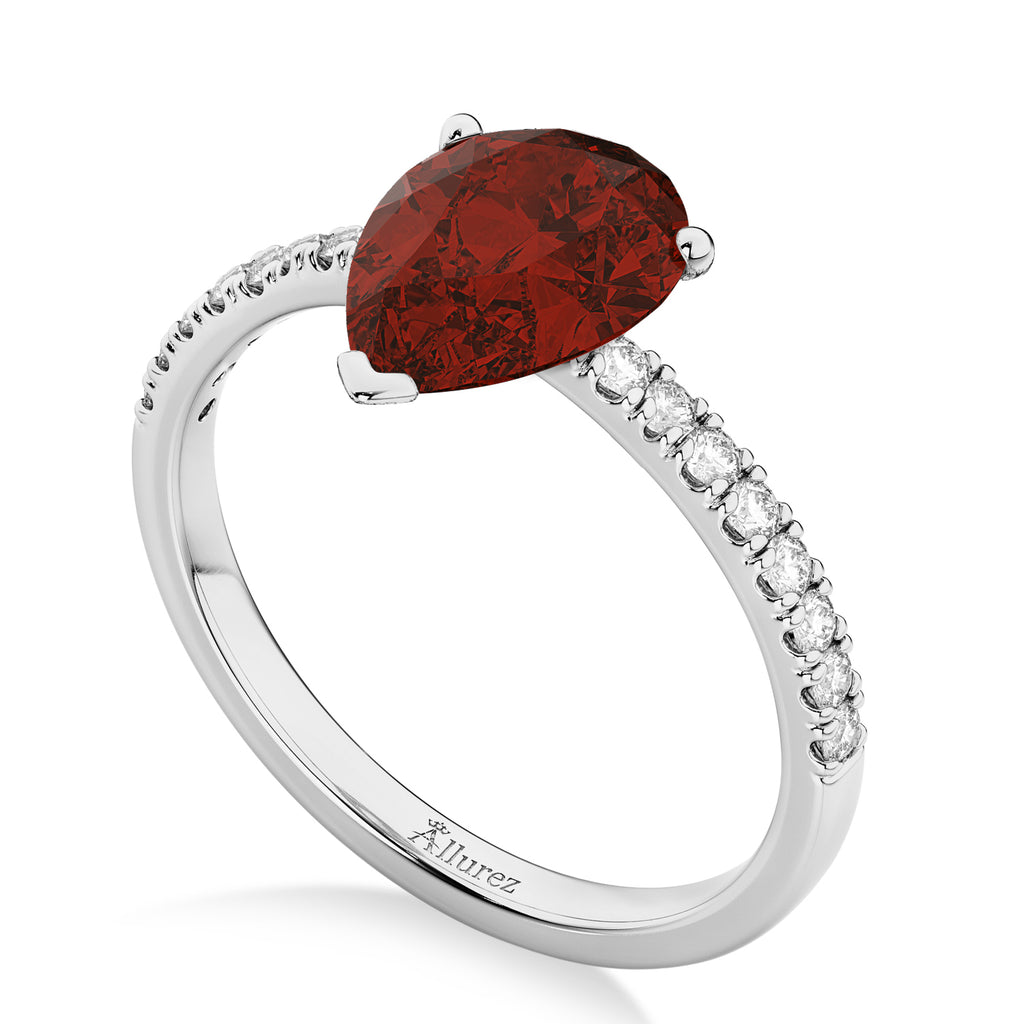 Pear Cut Garnet & Diamond Engagement Ring 14K White Gold 2.01ct