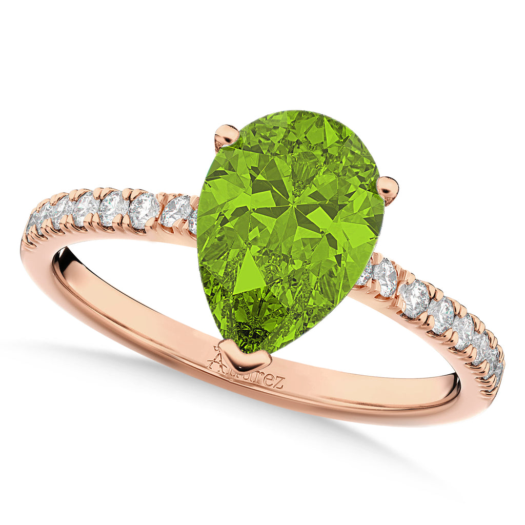 Pear Cut Peridot & Diamond Engagement Ring 14K Rose Gold 1.61ct