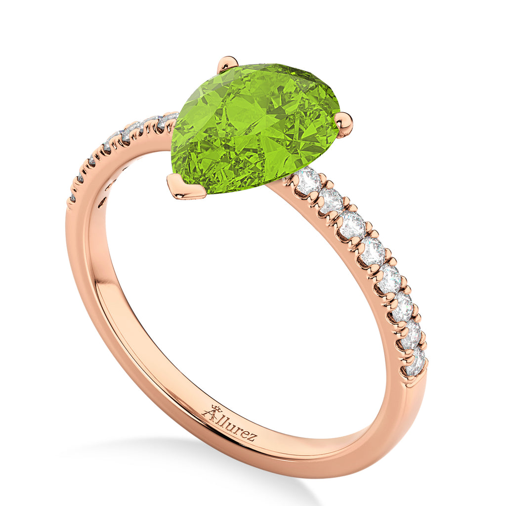 Pear Cut Peridot & Diamond Engagement Ring 14K Rose Gold 1.61ct