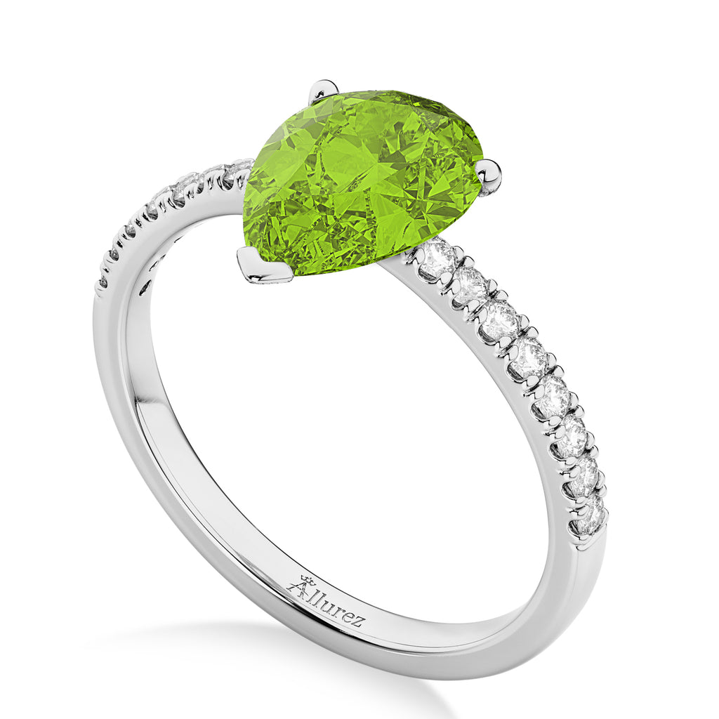 Pear Cut Peridot & Diamond Engagement Ring 14K White Gold 1.61ct