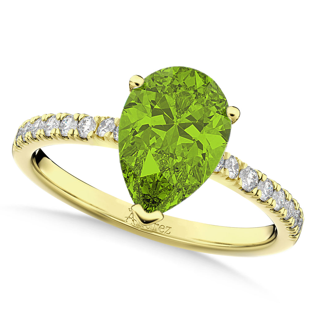 Pear Cut Peridot & Diamond Engagement Ring 14K Yellow Gold 1.61ct