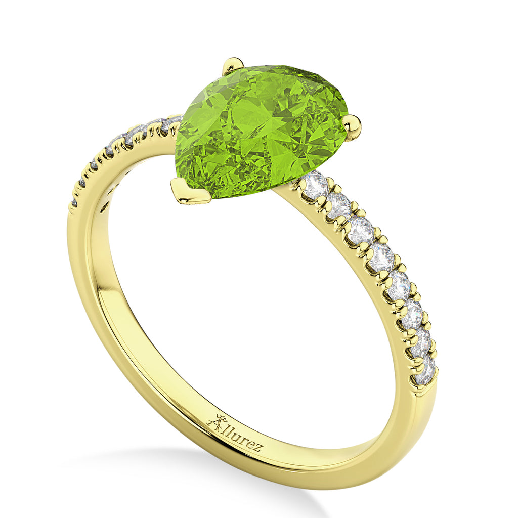Pear Cut Peridot & Diamond Engagement Ring 14K Yellow Gold 1.61ct