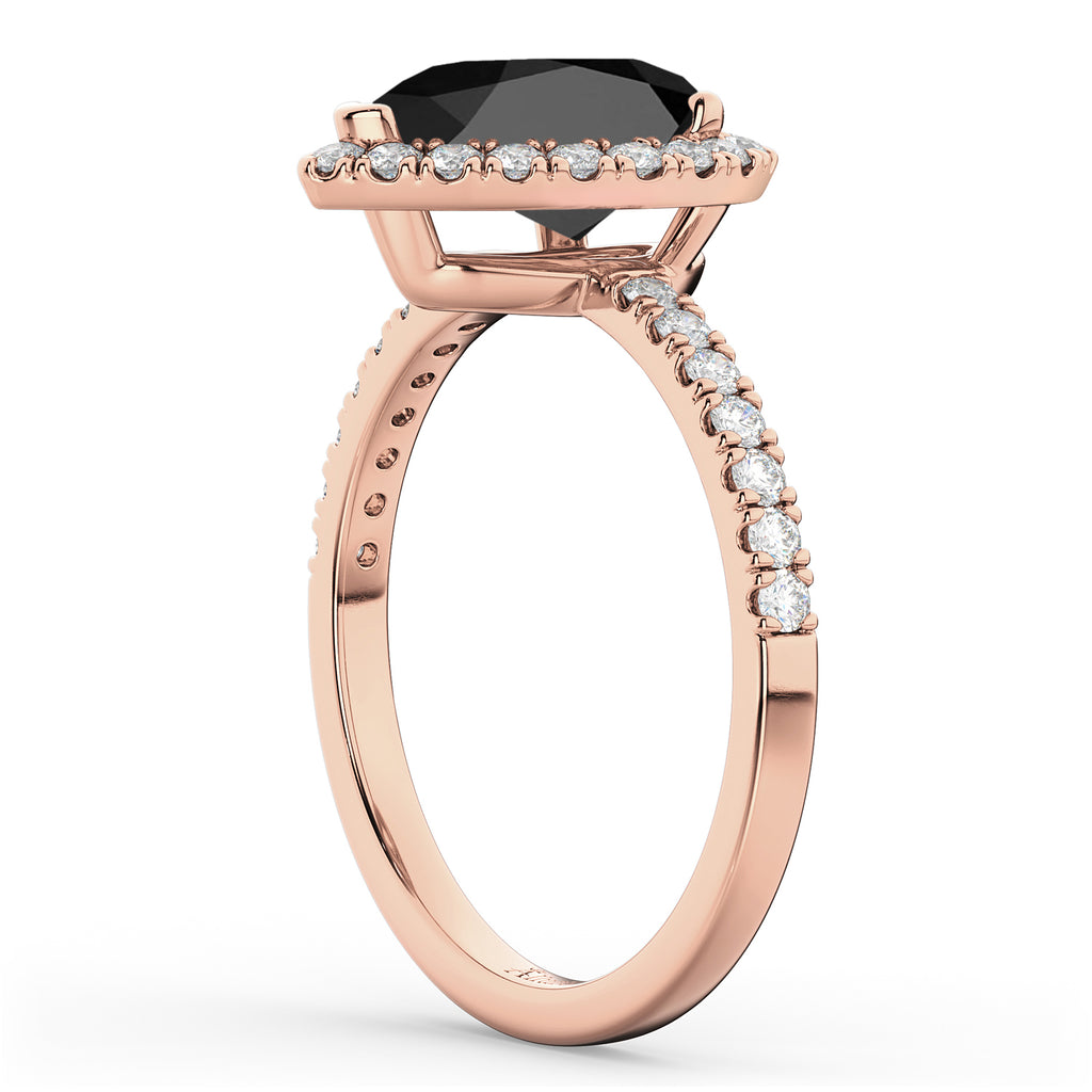 Pear Cut Halo Black Onyx & Diamond Engagement Ring 14K Rose Gold 2.21ct