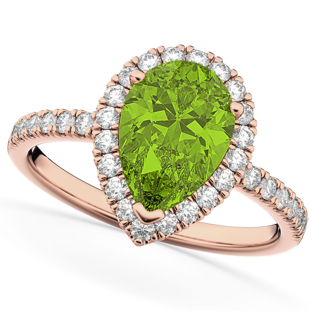 Pear Cut Halo Peridot & Diamond Engagement Ring 14K Rose Gold 1.91ct