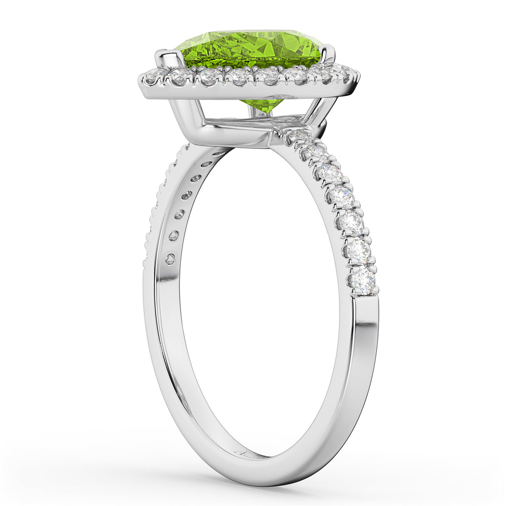 Pear Cut Halo Peridot & Diamond Engagement Ring 14K White Gold 1.91ct