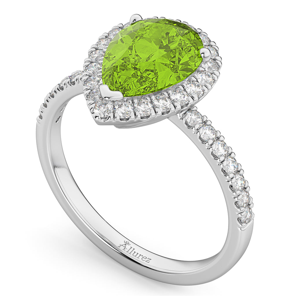 Pear Cut Halo Peridot & Diamond Engagement Ring 14K White Gold 1.91ct