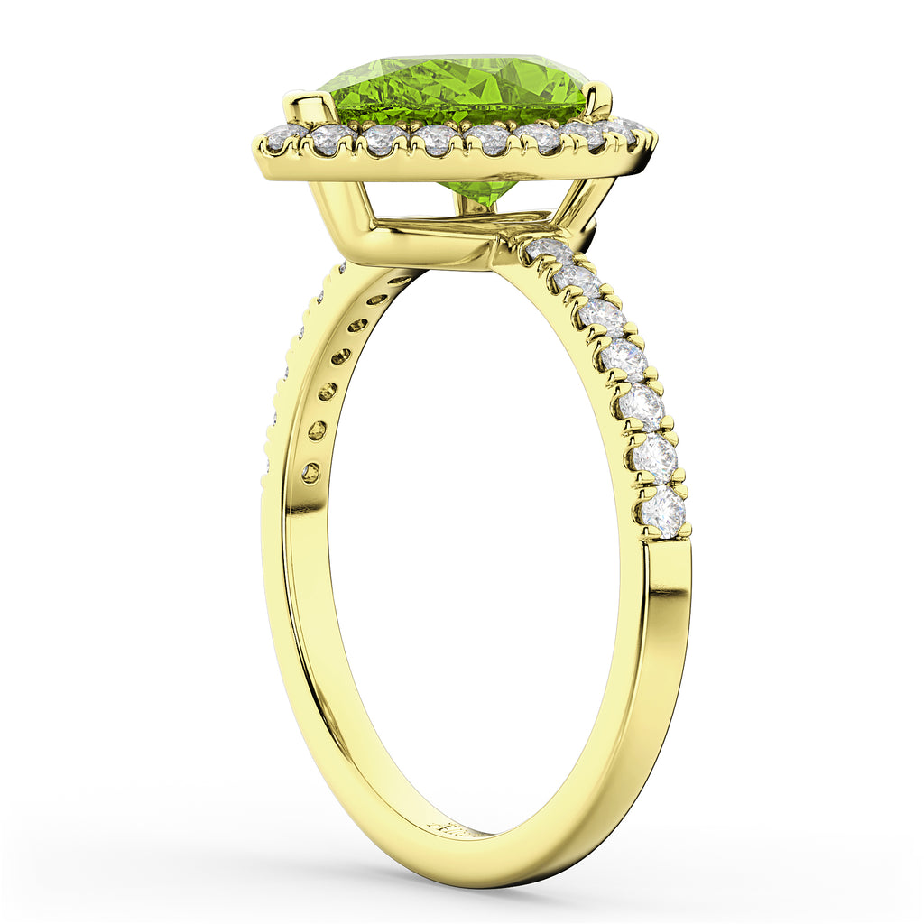 Pear Cut Halo Peridot & Diamond Engagement Ring 14K Yellow Gold 1.91ct
