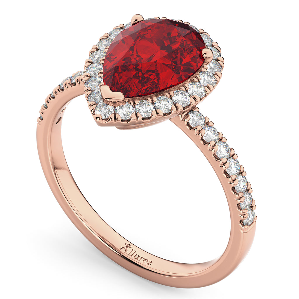 Pear Cut Halo Ruby & Diamond Engagement Ring 14K Rose Gold 3.01ct
