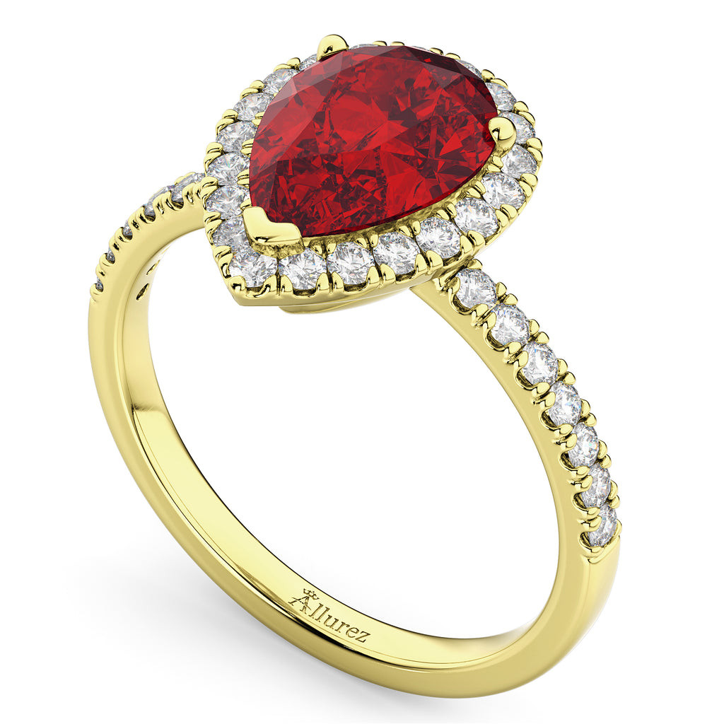 Pear Cut Halo Ruby & Diamond Engagement Ring 14K Yellow Gold 3.01ct