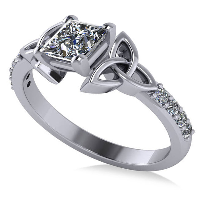 Princess Cut Lab Diamond Celtic Knot Engagement Ring 18k White Gold 0.75ct