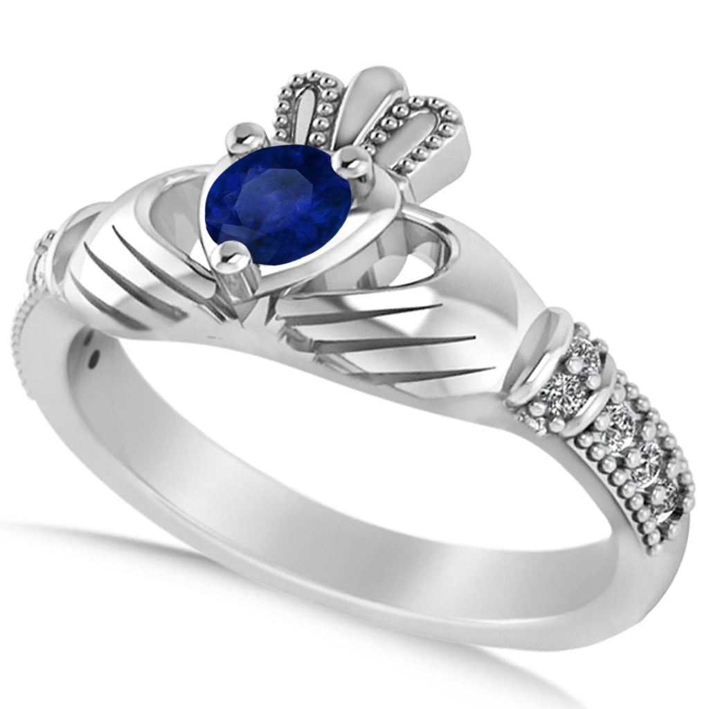 Blue Sapphire & Diamond Claddagh Engagement Ring in 14k White Gold (0.42ct)