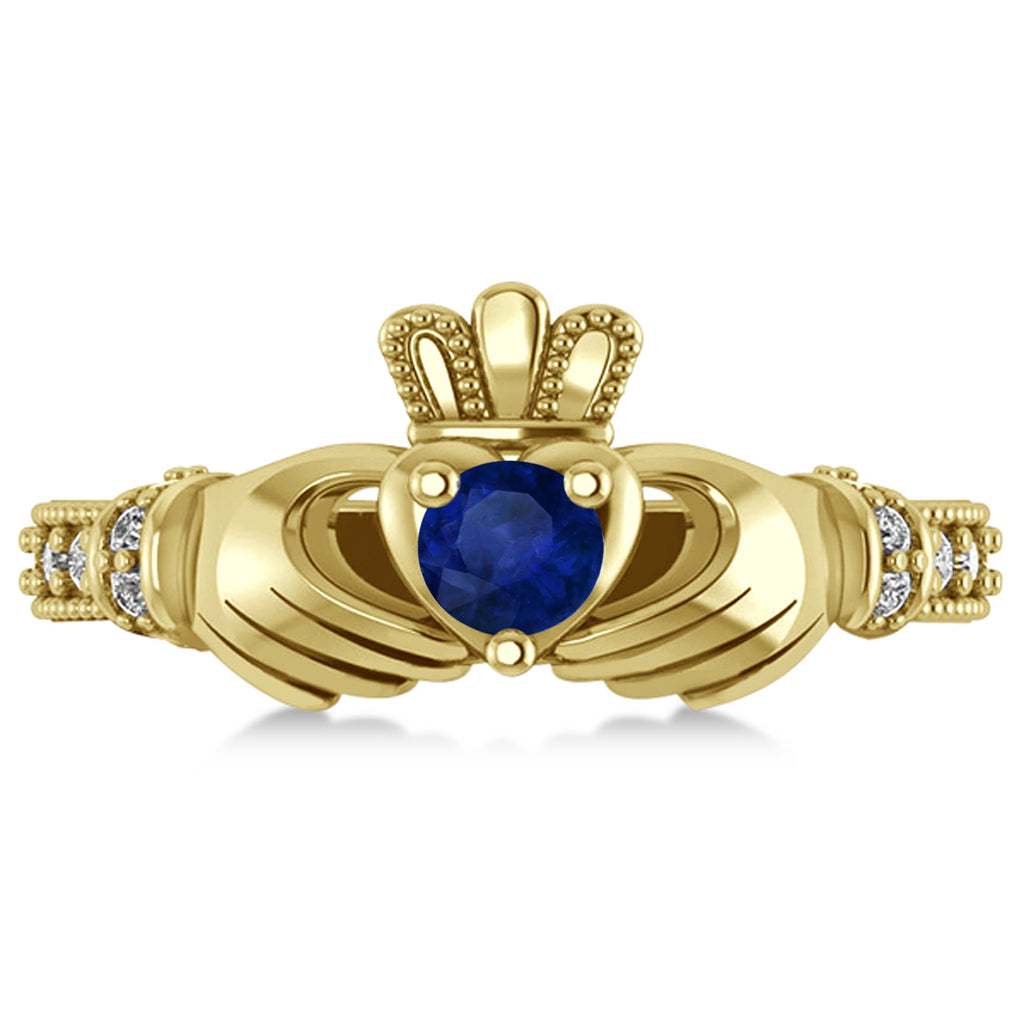 Blue Sapphire & Diamond Claddagh Engagement Ring in 14k Yellow Gold (0.42ct)