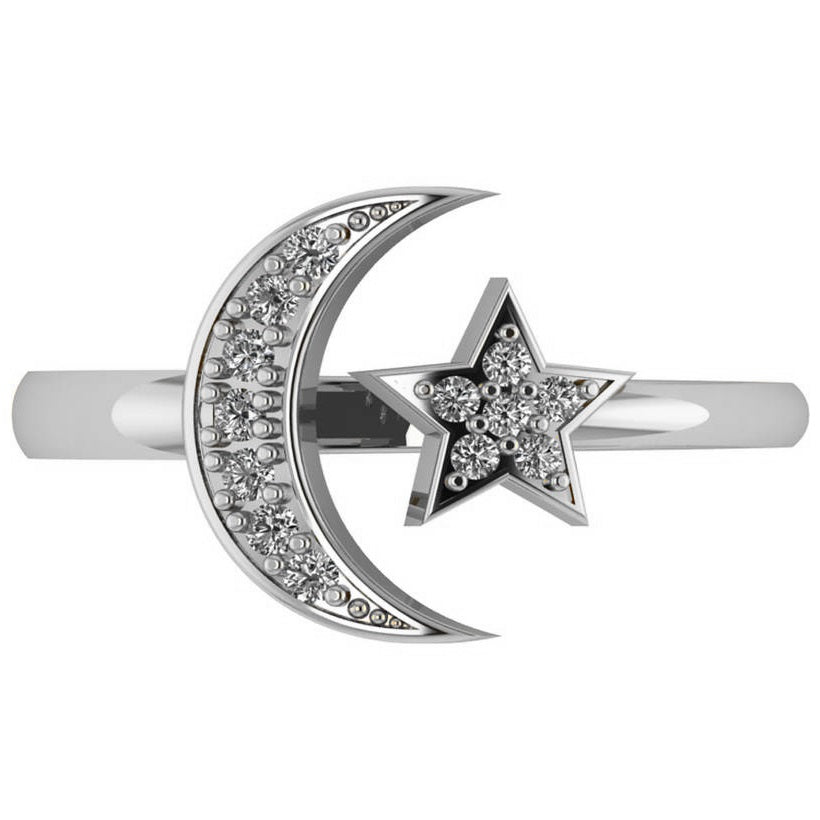 Crescent Moon and Star Diamond Ring 14k White Gold (0.17ct)
