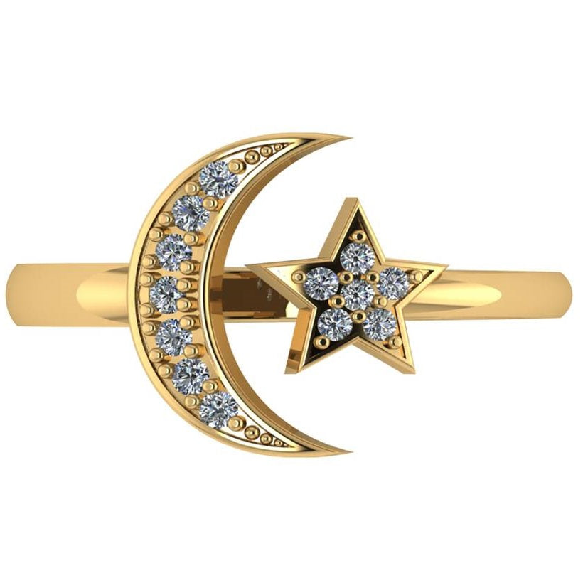 Crescent Moon and Star Diamond Ring 14k Yellow Gold (0.17ct)