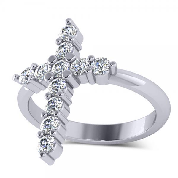 Large Religious Cross Round-Cut Diamond Ring 14k White Gold (0.55ct)