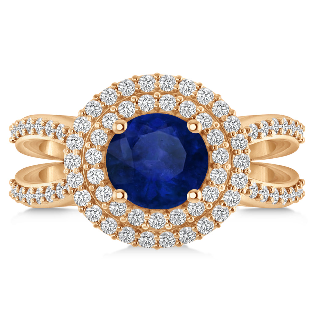 Double Halo Blue Sapphire Engagement Ring 14k Rose Gold (2.27ct)