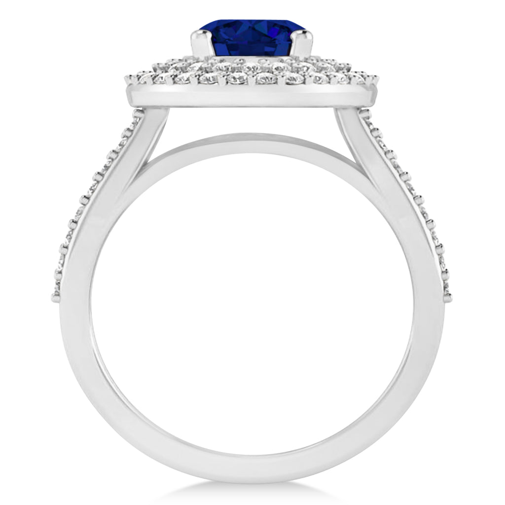 Double Halo Blue Sapphire Engagement Ring 14k White Gold (2.27ct)