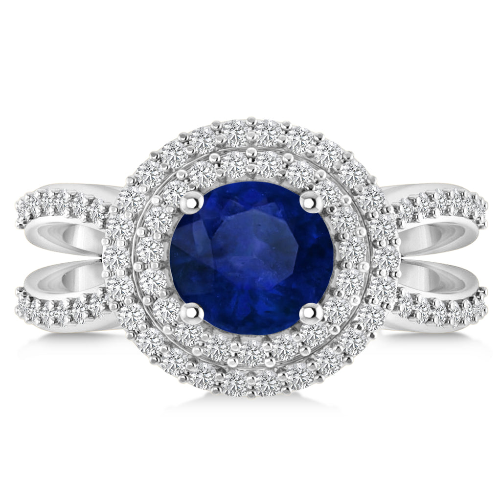 Double Halo Blue Sapphire Engagement Ring 14k White Gold (2.27ct)
