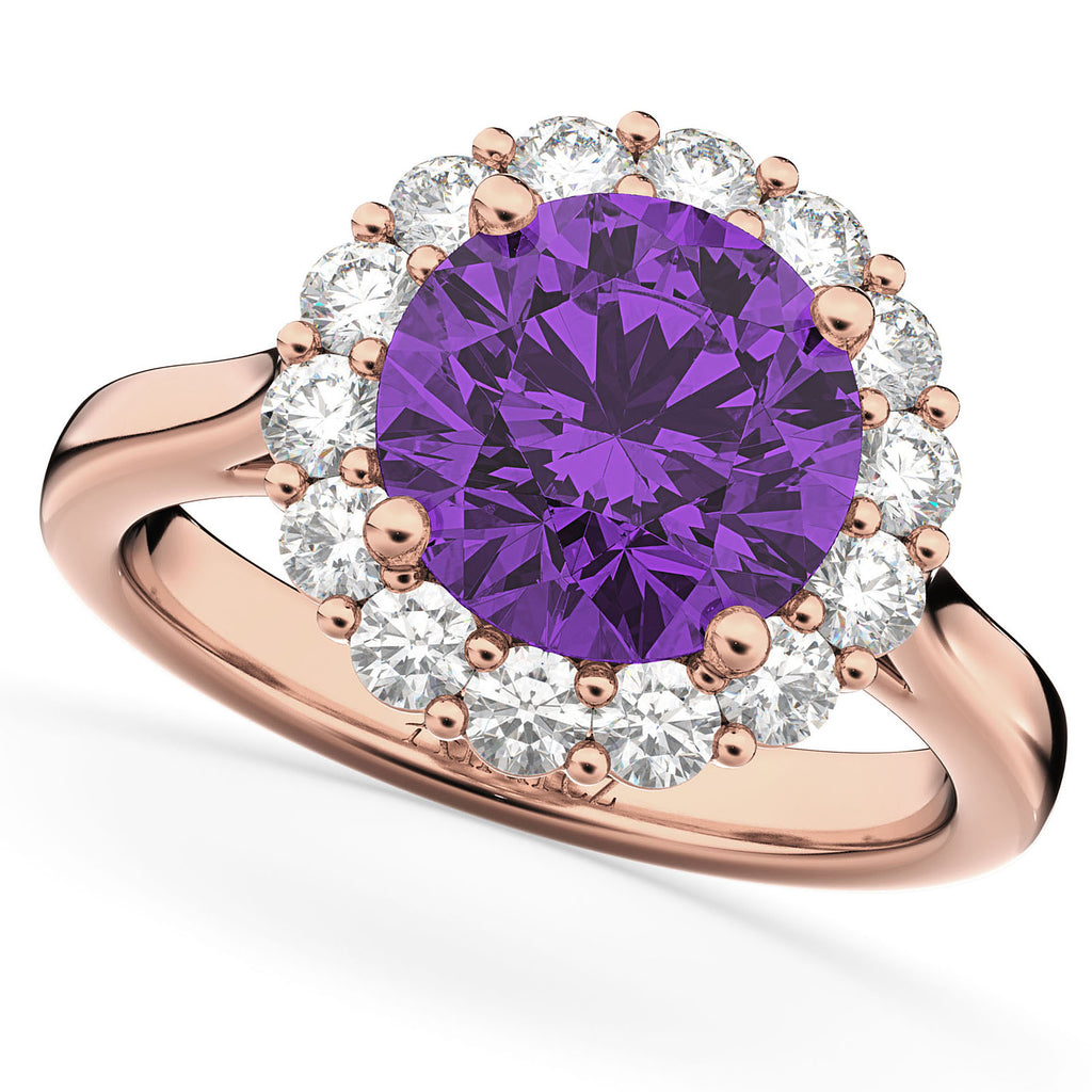 Halo Round Lab Amethyst & Lab Diamond Engagement Ring 14K Rose Gold 3.26ct