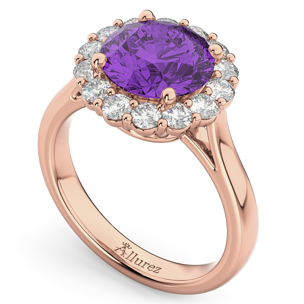 Halo Round Amethyst & Diamond Engagement Ring 14K Rose Gold 3.26ct