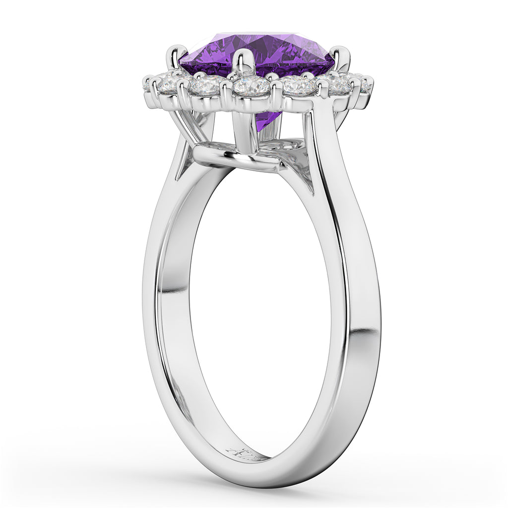 Halo Round Amethyst & Diamond Engagement Ring 14K White Gold 3.26ct