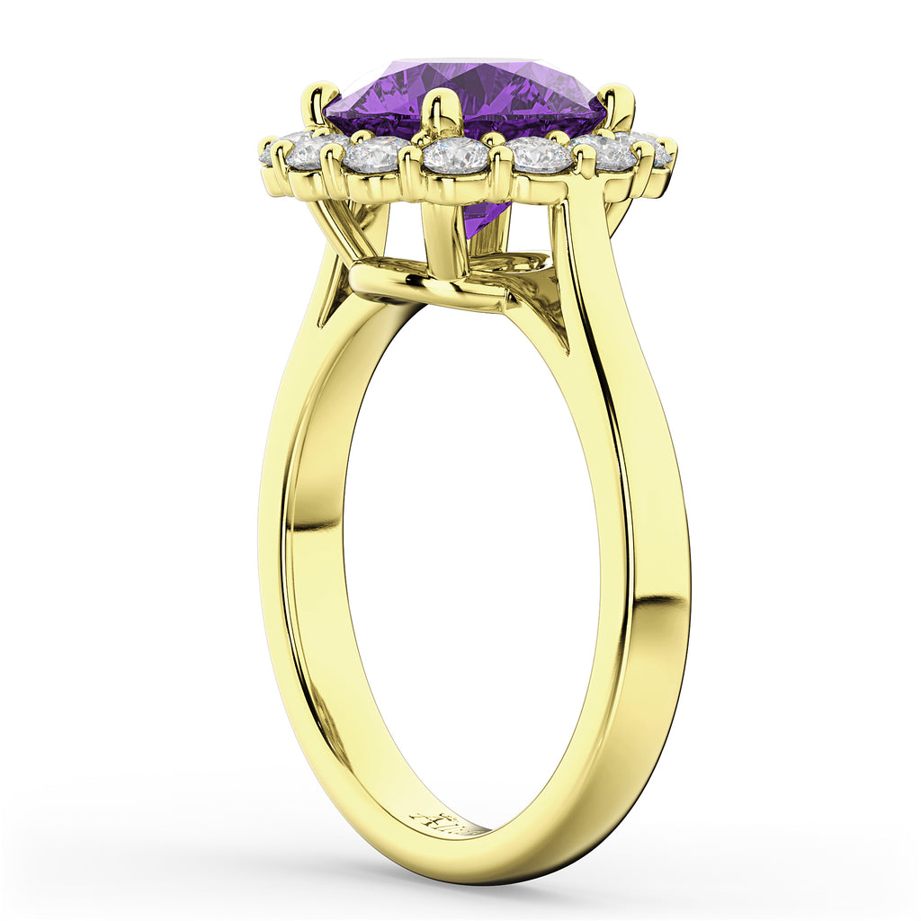 Halo Round Lab Amethyst & Lab Diamond Engagement Ring 14K Yellow Gold 3.26ct