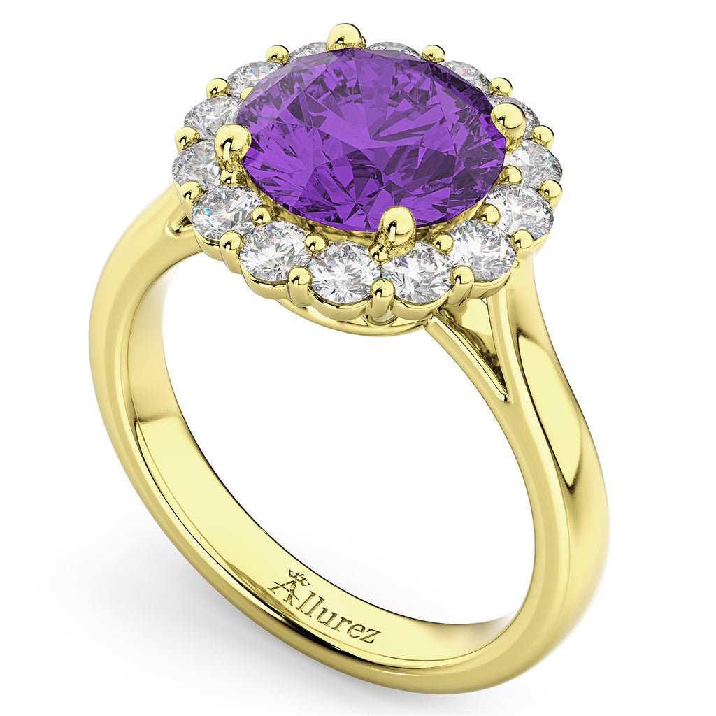 Halo Round Lab Amethyst & Lab Diamond Engagement Ring 14K Yellow Gold 3.26ct