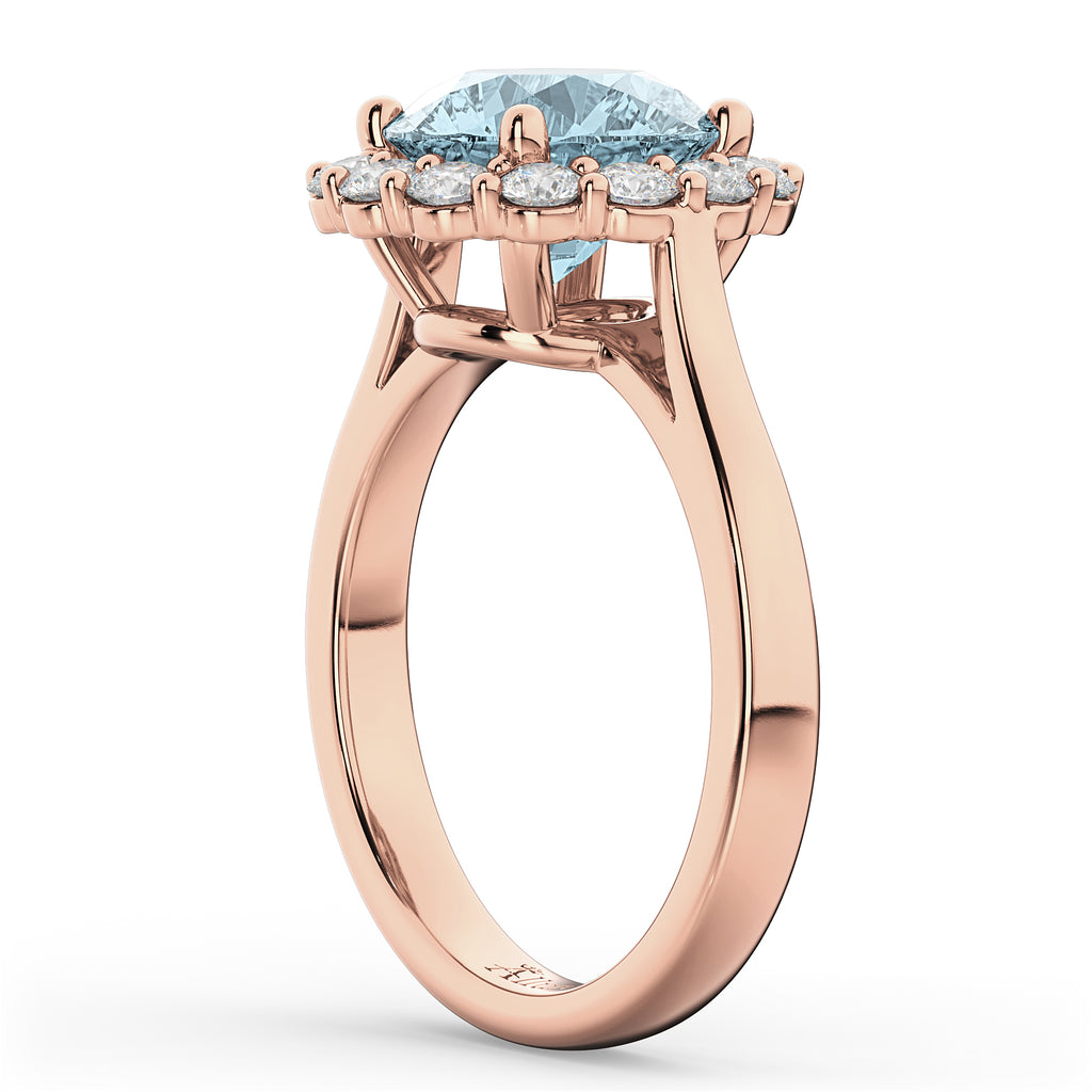 Halo Round Aquamarine & Diamond Engagement Ring 14K Rose Gold 3.70ct