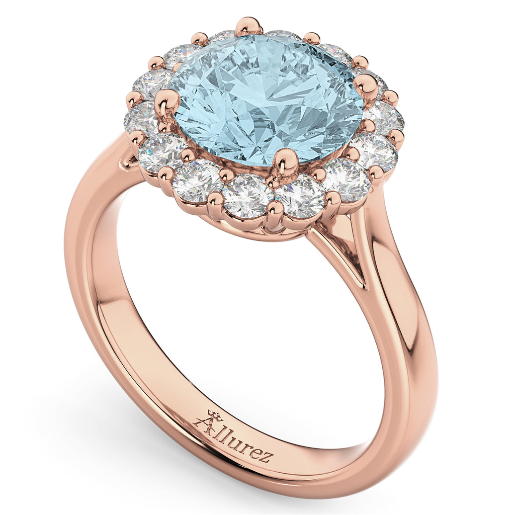 Halo Round Aquamarine & Diamond Engagement Ring 14K Rose Gold 3.70ct