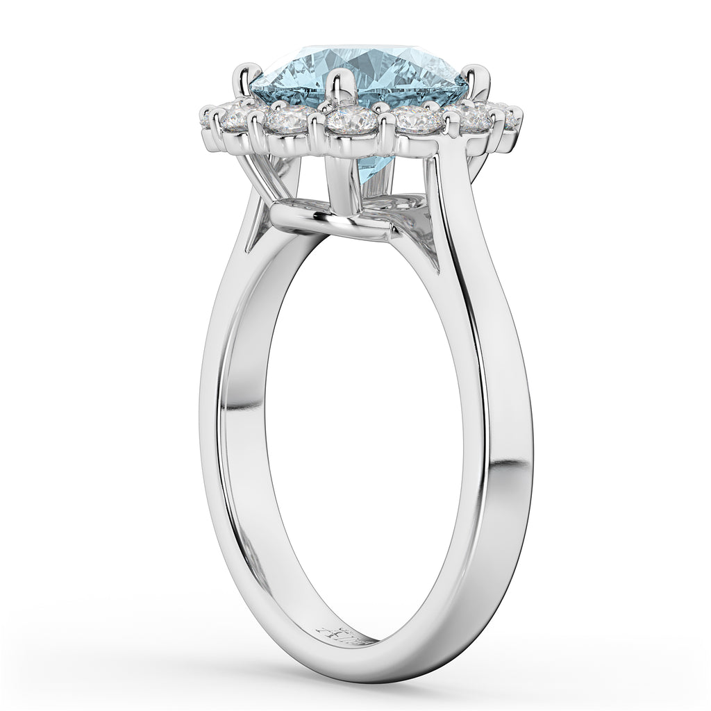 Halo Round Aquamarine & Diamond Engagement Ring 14K White Gold 3.70ct