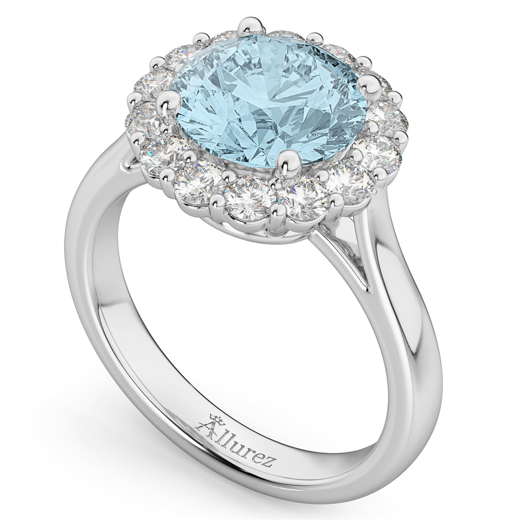 Halo Round Aquamarine & Diamond Engagement Ring 14K White Gold 3.70ct