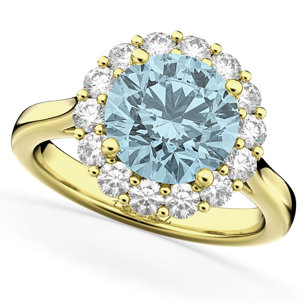 Halo Round Lab Aquamarine & Lab Diamond Engagement Ring 14K Yellow Gold 3.70ct