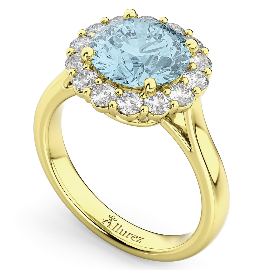 Halo Round Lab Aquamarine & Lab Diamond Engagement Ring 14K Yellow Gold 3.70ct