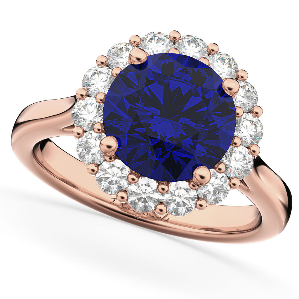 Halo Round Lab Blue Sapphire & Lab Diamond Engagement Ring 14K Rose Gold 4.45ct
