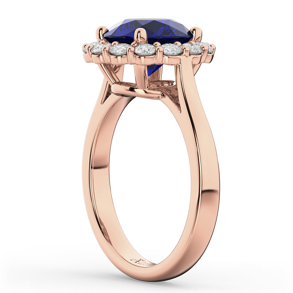 Halo Round Lab Blue Sapphire & Lab Diamond Engagement Ring 14K Rose Gold 4.45ct