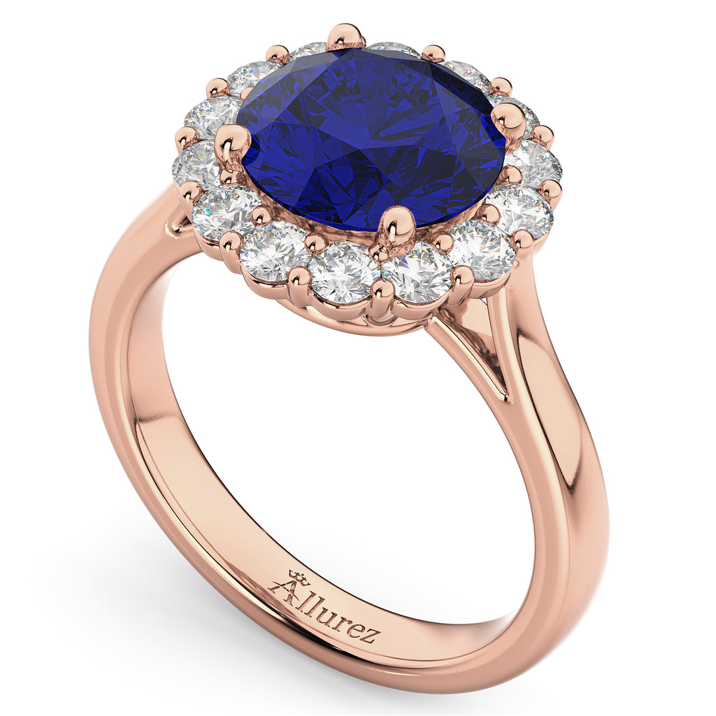 Halo Round Lab Blue Sapphire & Lab Diamond Engagement Ring 14K Rose Gold 4.45ct
