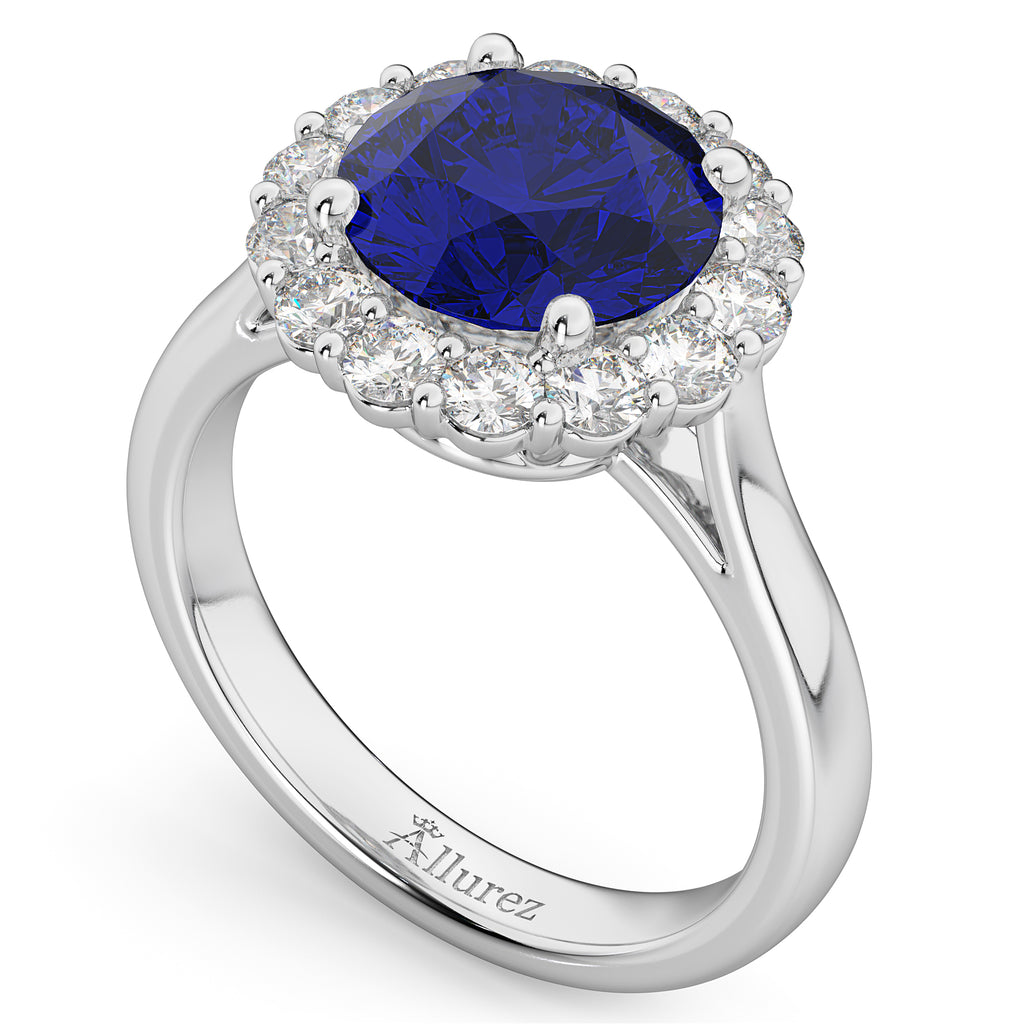 Halo Round Blue Sapphire & Diamond Engagement Ring 14K White Gold 4.45ct